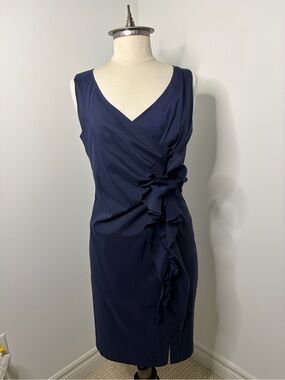 🇨🇦JOSEPH RIBKOFF Navy Blue Ruffle Accent Cocktail Dress Size 12 / CAN/USA 12